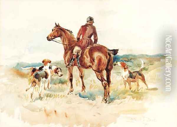 A Huntsman with his Hounds in an extensive Landscape Oil Painting - Arthur Davis