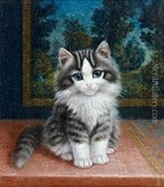 Auf Einem Tischtuch Sitzendes Katzchen Oil Painting - Burkhard Katzen-Flury