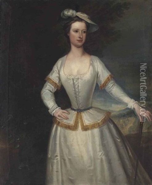 Portrait Of Jane Du Cane, Alias Du Quesne In A White Silk Dress With Golden Trimming And A Plumed Hat, A Cane In Her Left Hand, A Landscape Beyond Oil Painting - Charles Jervas