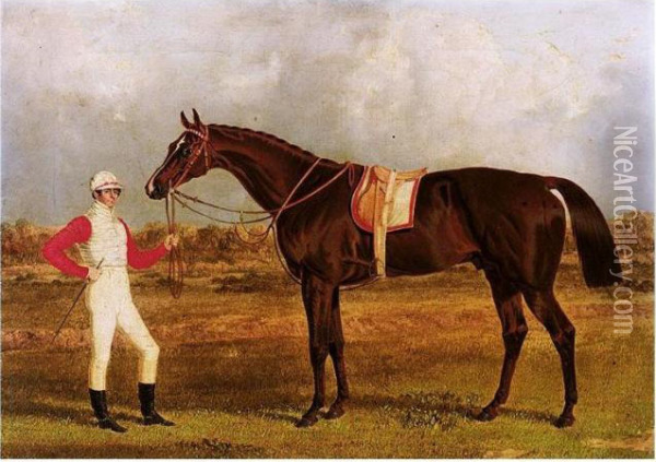 Euclid, A Chestnut Racehorse Held By His Jockey, Patrick Conolly, In A Landscape Oil Painting - John Frederick Herring Snr
