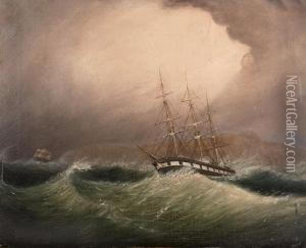 A Ship Anchoredin Stormy Seas. Oil Painting - Clement Drew