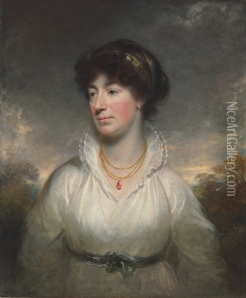 Portrait Of A Lady, Bust-length, In A White Dress, Standing In A Landscape Oil Painting - Sir William Beechey
