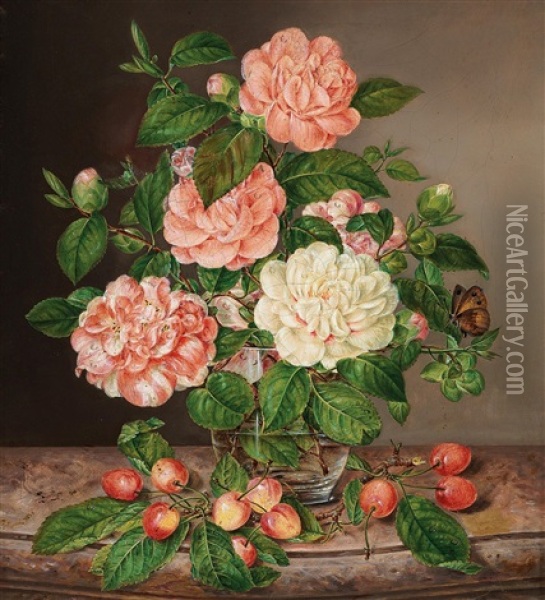 Rosenstuck In Vase Mit Kirschenzweigen Oil Painting - Anton Fidler