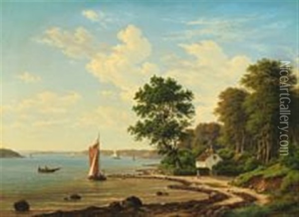 Sailing Ships And Boats In A Bay Oil Painting - Frederik Christian Jacobsen Kiaerskou