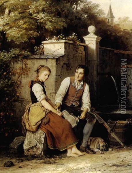 At The Well Oil Painting - Johann Georg Meyer von Bremen