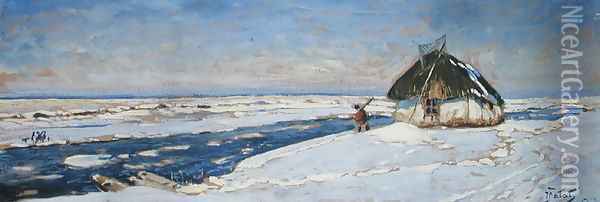 Winter in Osieku, c.1920 Oil Painting - Julian Falat