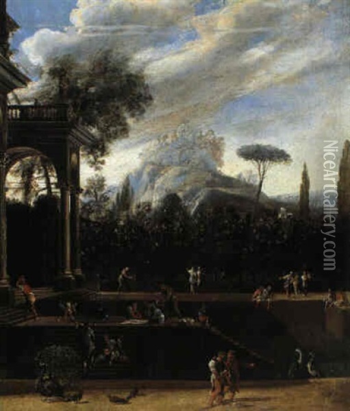 Cortile E Giardino Di Palazzo Con Figure Oil Painting - Domenico Gargiulo