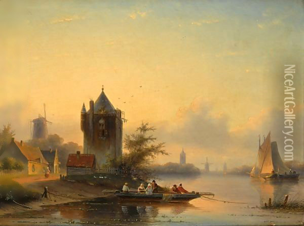 A Summer Landscape With A Ferry Crossing A River Oil Painting - Jan Jacob Coenraad Spohler