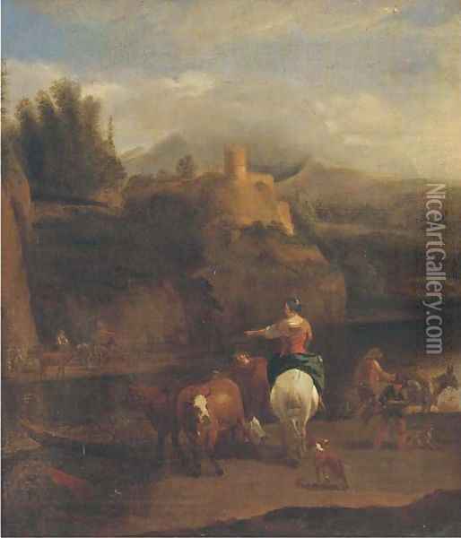A river landscape with a drover, his cattle and other figures Oil Painting - Nicolaes Berchem