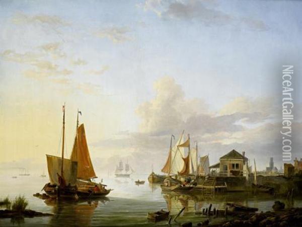 Boats In Harbour Oil Painting - Hermanus Koekkoek
