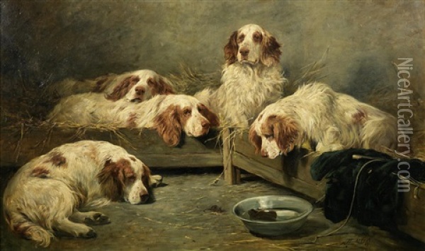 An Unexpected Visitor - Clumber Spaniels In A Kennel Oil Painting - John Emms