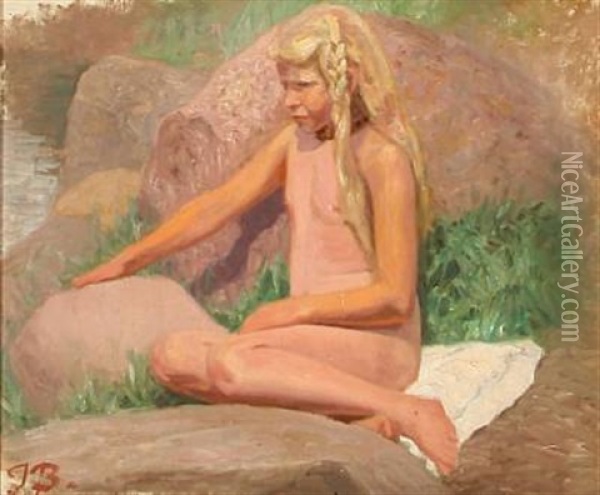 Efter Badet (naked Girl On A Beach - After The Bath) (study For Painting) Oil Painting - Jens Birkholm