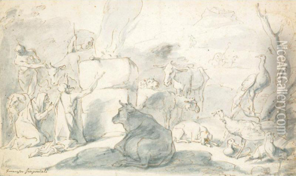 Noe In Ginocchio Davanti All'ara Sacrificale Con Intorno Vari Animali Oil Painting - Francesco Fernandi, Called L'Imperiali