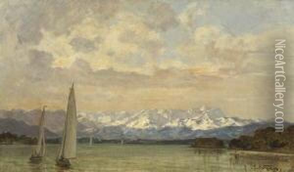 Blick Uber Den Starnberger See Auf
 Die Alpenkette Oil Painting - Paul Thiem