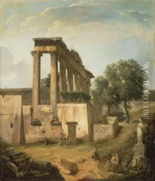 Vue Du Temple De Jupiter A Rome Avec Des Personnages Oil Painting - Lancelot Theodore Turpin De Crisse