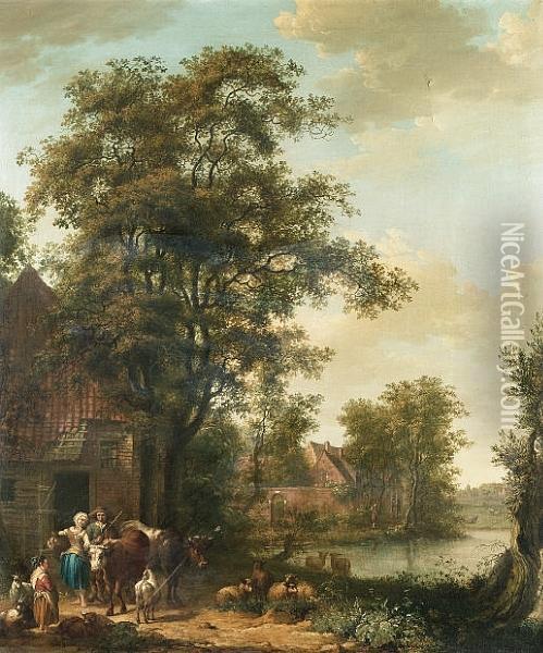 A Milkmaid And Goatherd With A Young Girl And Their Livestock Outside A Cottage, A River, A Village And A Meadow Beyond Oil Painting - Pieter Barbiers