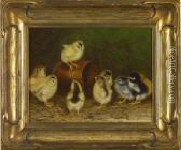 Barnyard Scene With 9 Chicks Oil Painting - Ben Austrian