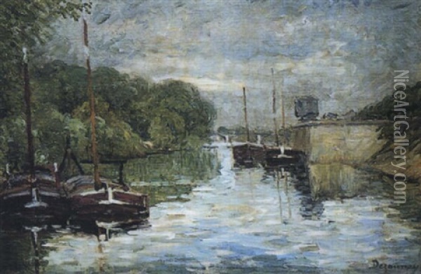 Barques Sur Le Canal, Chalands Pres De L'ile De La Jatte Oil Painting - Emile Alfred Dezaunay