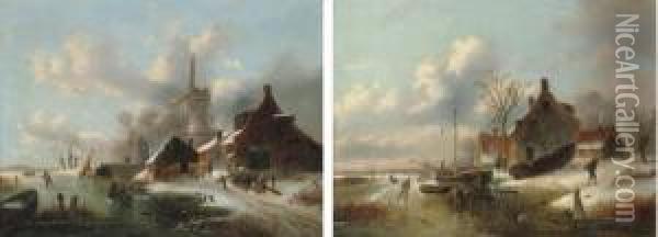 Figures Skating By A Windmill; And Skaters By A Farmstead On A Dutch Waterway Oil Painting - Alexis de Leeuw