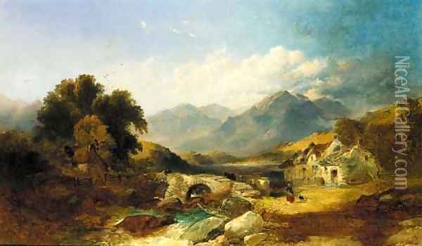 A drover with cattle on a bridge in a Highland landscape Oil Painting - Joseph Horlor