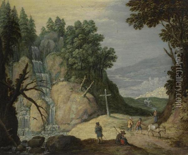 A Rocky Landscape With A Waterfall And Travellers On A Path Oil Painting - Marten Ryckaert