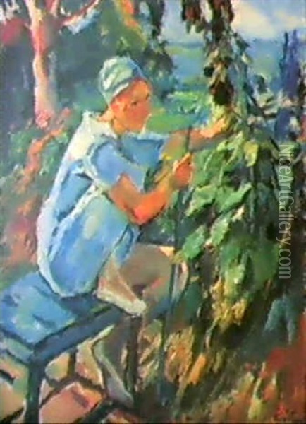 Riccarda Mit Malven Oil Painting - Leo Putz