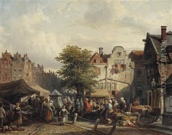 A Bustling Market Day Oil Painting - Elias Pieter van Bommel