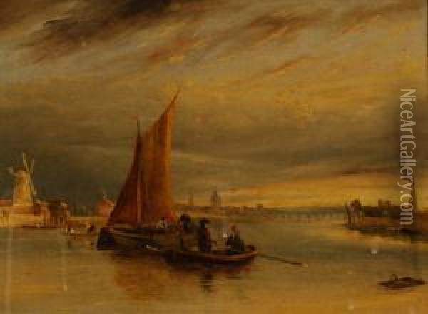 Bargesand Rowing Boats On The River Oil Painting - George Jnr Barrett