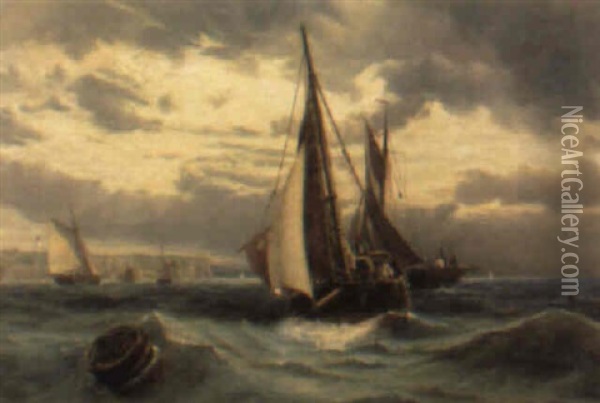 Fishing Smacks Off Framborough Head Oil Painting - Charles Napier Hemy