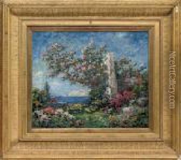 A Garden In Full Bloom, The Sea Beyond Oil Painting - Thomas E. Mostyn