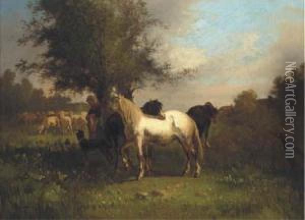 A Farm Girl With Horses And Sheep In A Field Oil Painting - Antonio Cordero Cortes