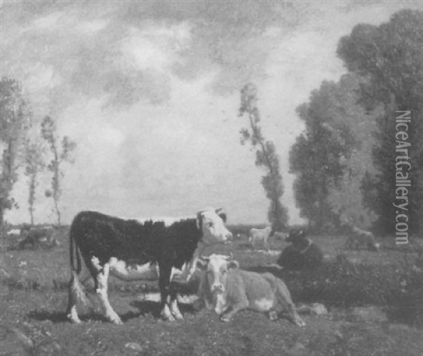 Cows In A Field Oil Painting - Emile van Marcke de Lummen