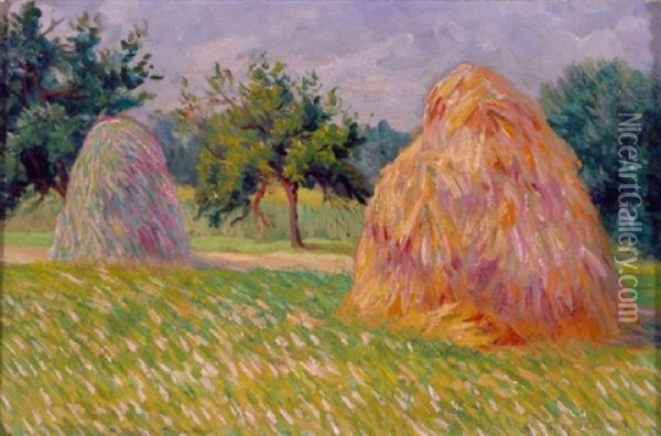 Hay Bales In A Sunny Landscape Oil Painting - Leo Gausson