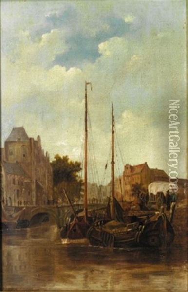 A Dutch Harbour Oil Painting - Cornelis Petrus T' Hoen