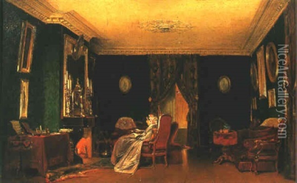 Portrait De Marie De Revigaud, Baronne De Serlay, Dans Son Salon Du 89 Rue De Grenelle Oil Painting - Sebastien Charles Giraud