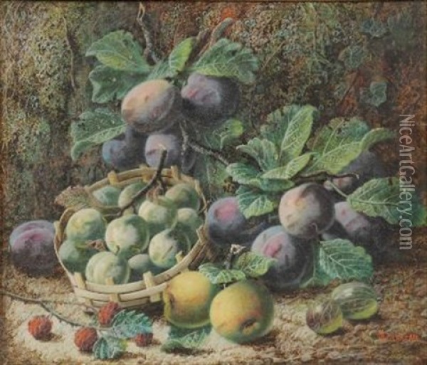 Still Life Of Plums, Apricots, Apples, Gooseberries And Raspberries Oil Painting - Oliver Clare