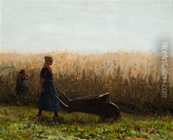 Girls Walking In A Field With A Wheelbarrow Oil Painting - Johann Jan Zoetelief Tromp