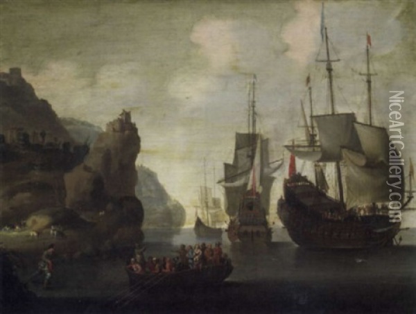 Galleons Offshore With A Fantastic Landscape And Figures On A Boat In The Foreground Oil Painting - Pieter Jansz van Asch
