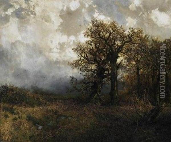 . Fall In The Forest With Large Oaks. Oil Painting - Rudolf Hermanns