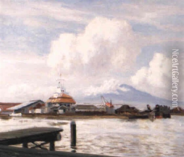 View Of The Harbour Of Semarang With A Lighthouse Oil Painting - Carel Lodewijk Dake the Younger
