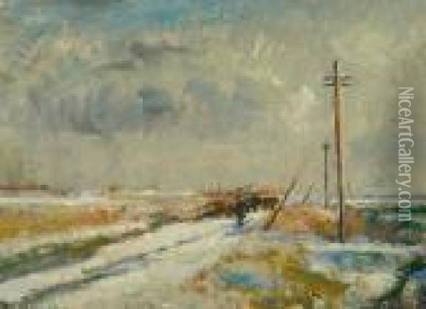 Winter Landscape With Timber Cart Oil Painting - Ernest Borough Johnson