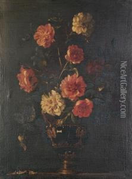Roses In A Gilt Mounted Vase On A Ledge Oil Painting - Andrea Belvedere