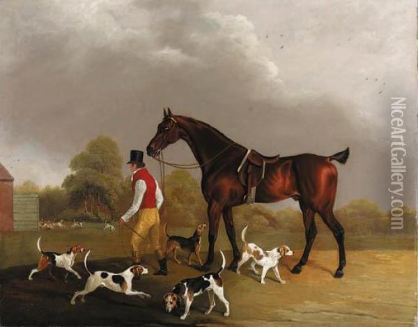A Huntsman Leading A Bay Hunter, With Hounds Outside Kennels Oil Painting - Edwin, Beccles Of Cooper