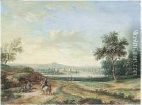 A Panoramic Landscape, With A 
Town On A River In The Middle Distance And Peasants In The Foreground Oil Painting - Louis Nicolael van Blarenberghe