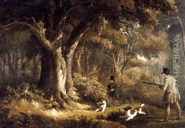 Two Gentlemen With Their Spaniels Pheasant Shooting Oil Painting - Edward Duncan