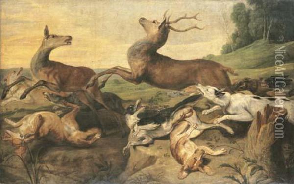 Dogs Hunting Deer In A Landscape Oil Painting - Frans Snyders