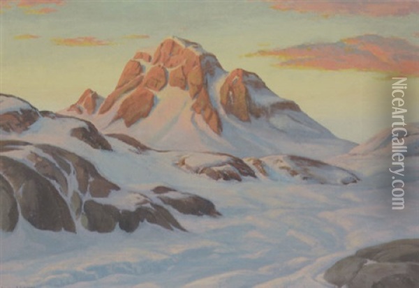 Solnedgang Over Sneklaedte Klipper Oil Painting - Emanuel A. Petersen