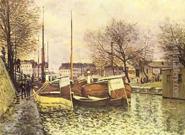 Punts on the channel Saint Martin in Paris Oil Painting - Alfred Sisley