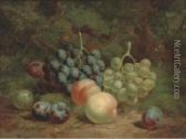 Peaches, Grapes And Plums On A Mossy Bank Oil Painting - Charles Thomas Bale