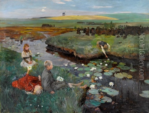 Bei Den Wasserrosen Im Moor Oil Painting - Ludwig Julius Christian Dettmann